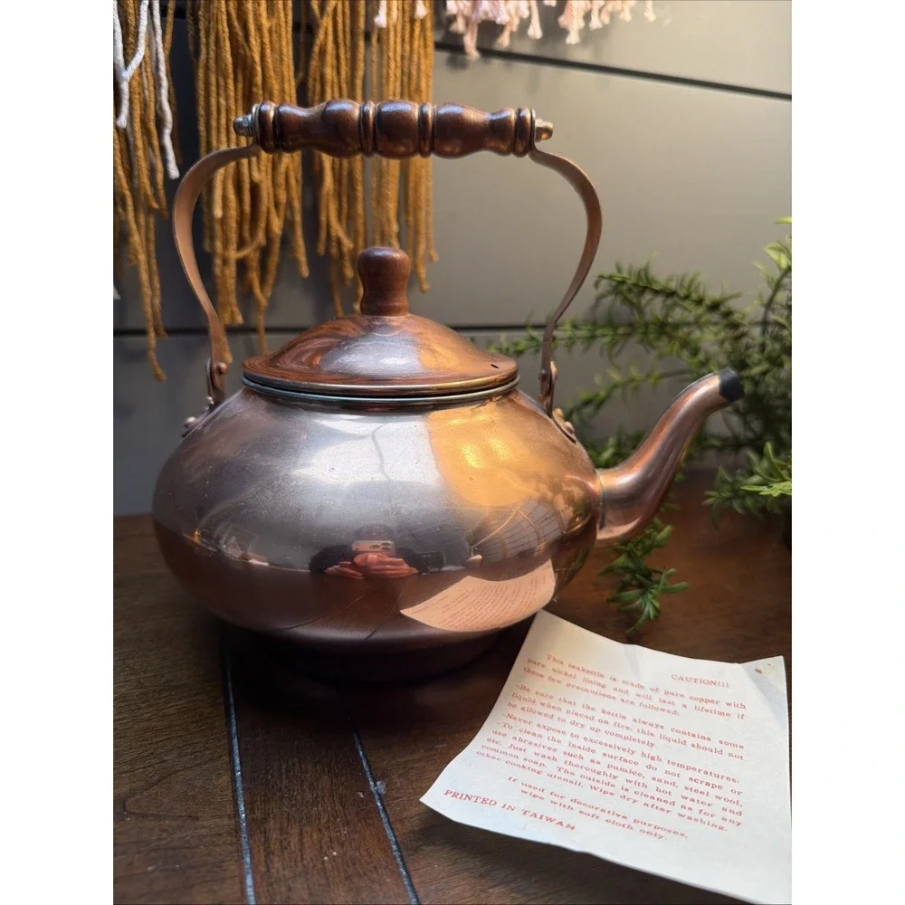Vintage copper tea kettle NOS W/ Paper Work & Spout Cover